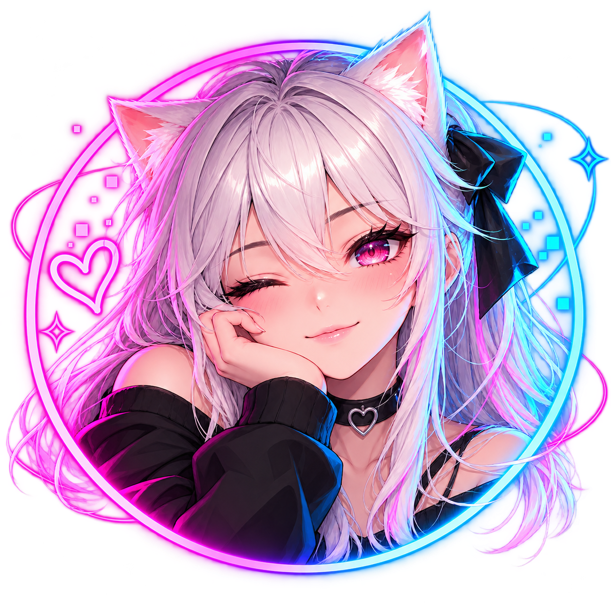 Aiko, a silver-haired catgirl avatar framed by neon pink and cyan light